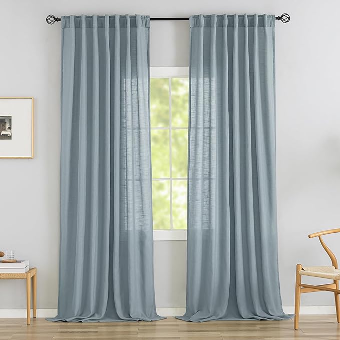 Stone Blue Linen Back Tab Curtains 102 Inches Long 2 Panels Set by DONREN