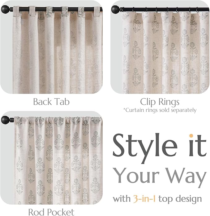 jinchan Linen Floral Curtains for Living Room 84 Inch Length Gray Flower - Image 6