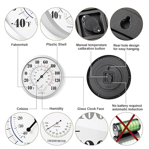 Indoor Outdoor Thermometer Wall Large Numbers Thermometer No Battery 12" - Image 4