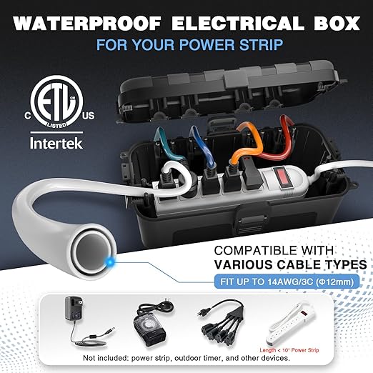 Flemoon Medium Outdoor Electrical Box, IP54 Waterproof Extension Cord Cover w/6 - Image 2