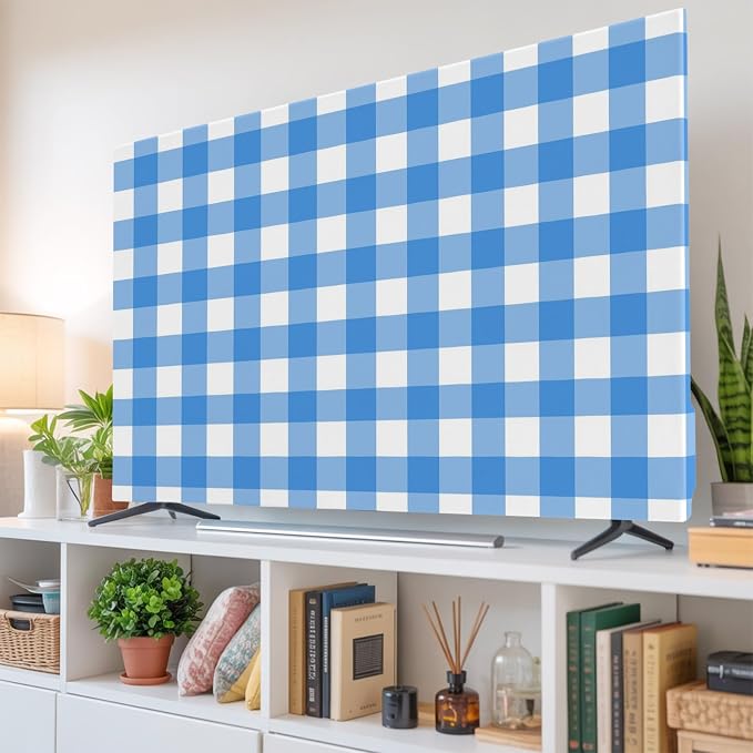 Minimalist Blue White Buffalo Plaid Indoor TV Cover, Elastic TV Screen - Image 6