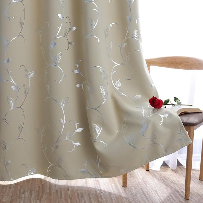 BUHUA Blackout Curtains Silver Foil Print Flower Vine Grommet Drapes, Room - Image 2