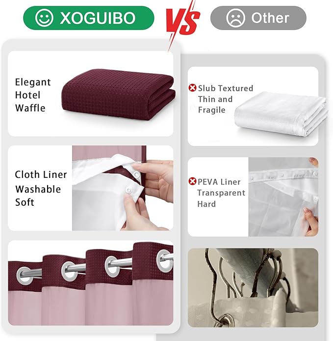 No Hook Shower Curtain and Liner Set, Burgundy Hotel Waffle Shower Curtain - Image 5
