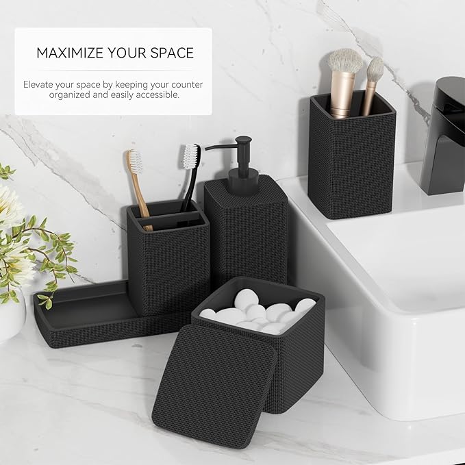 Matte Black Bathroom Accessories Set 5 Pieces, Resin Toothbrush Holders Set - Image 2