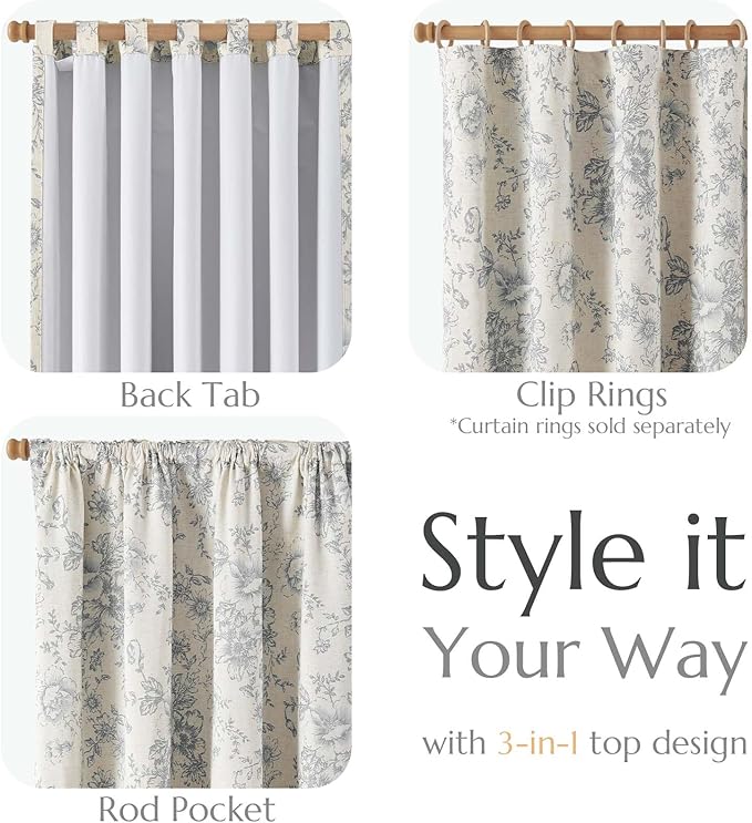 jinchan Blackout Linen Blend Curtain Grey Floral Blackout Curtains - Image 4