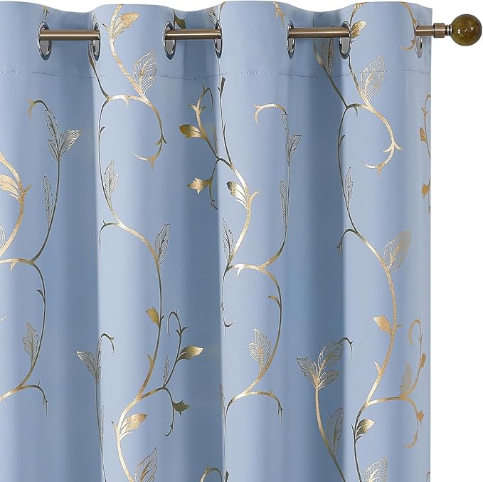 BUHUA Blackout Curtains Gold Foil Print Flower Vine Grommet Drapes, Room by BUHUA