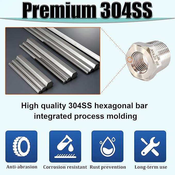 1/2" NPT Male to 3/8" NPT Female Hex Bushing Reducer, 304 Stainless Steel NPT - Image 2