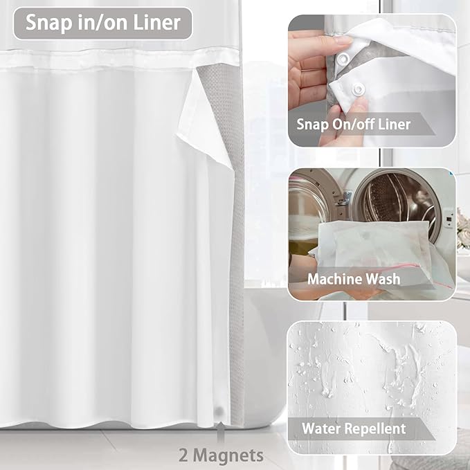 No Hook Shower Curtain and Liner Set, Light Grey Hotel Waffle Shower Curtain - Image 4