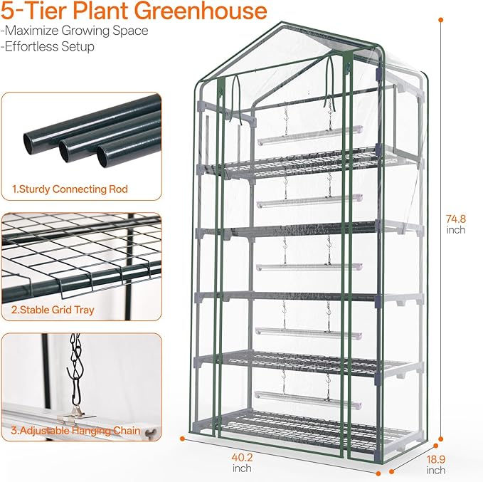 Bstrip Indoor Greenhouse with Grow Light, 5-Tier Large Green House, PVC Tent - Image 8