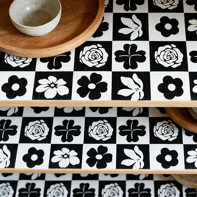 Shelf Liners Non Adhesive Black & White Checkerboard Floral - Image 9