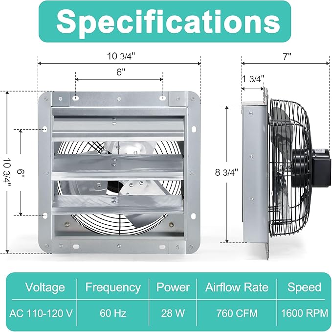 7 Inch Shutter Exhaust Fan, Wall Mount Attic Fan - Image 2