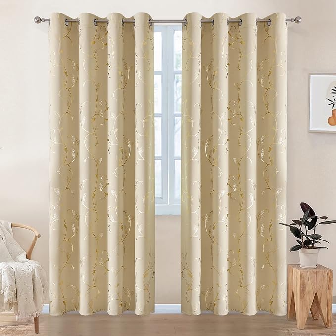 BUHUA Blackout Curtains Gold Foil Print Flower Vine Grommet Drapes, Room - Image 3