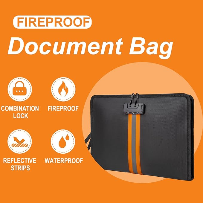 Fireproof Document Bag with Lock，13"×9.2" Fireproof Money Bag，with Zipper and - Image 8