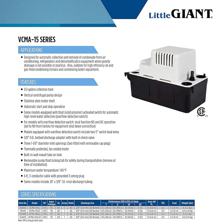 Little Giant VCMA-15UL 115 Volt, 65 GPH, 1/50 HP Automatic Condensate Removal - Image 12