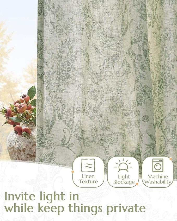 Vangao Lined Linen Curtains for Bedroom Floral Curtains 96 Inches Long Green - Image 4