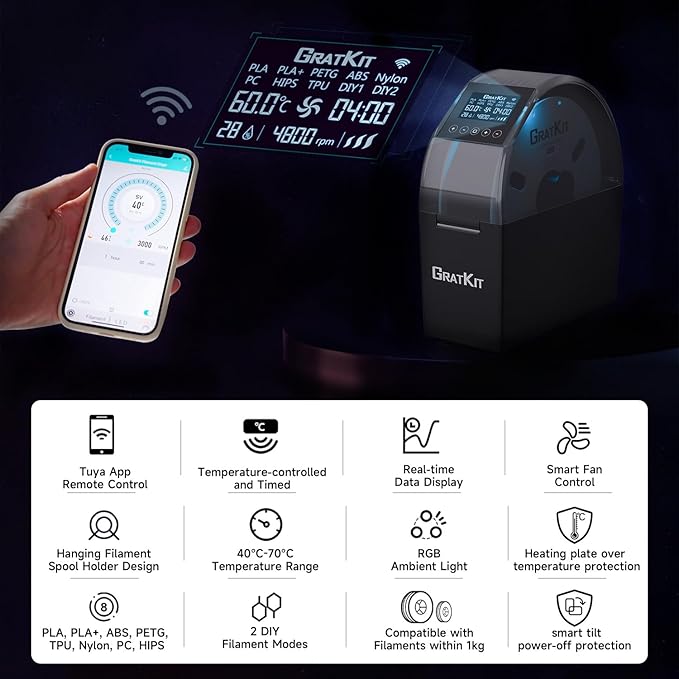 GratKit 3D Filament Dryer Box Firefly V2.0, Tuya App Controlled Smart Filament - Image 3