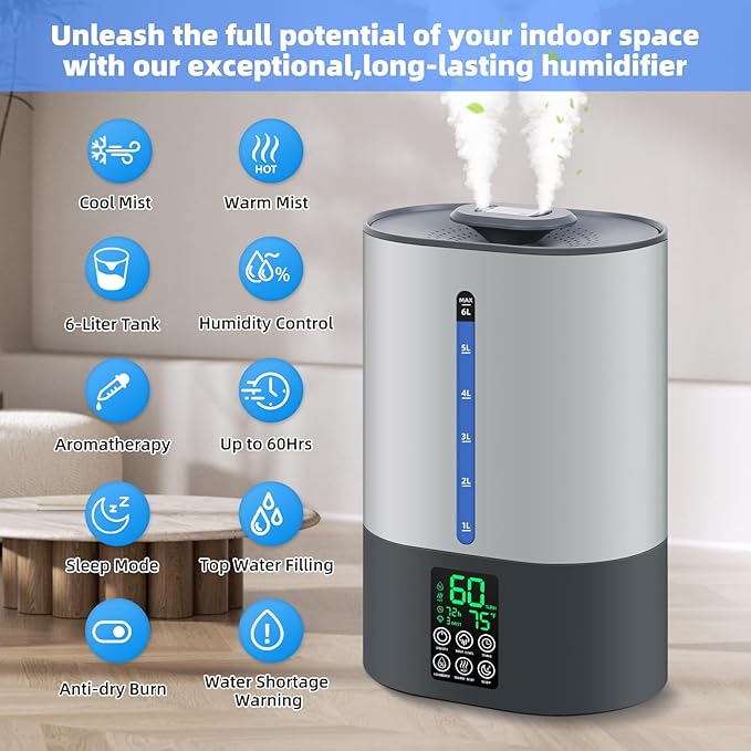 6L Humidifiers for Bedroom Large Room Home, Cool and Warm Humidifier for Baby - Image 4