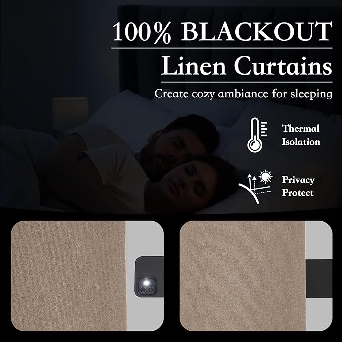RYB HOME 100% Blackout Flax Linen Curtains 90 Inch Long, Light Block and - Image 3