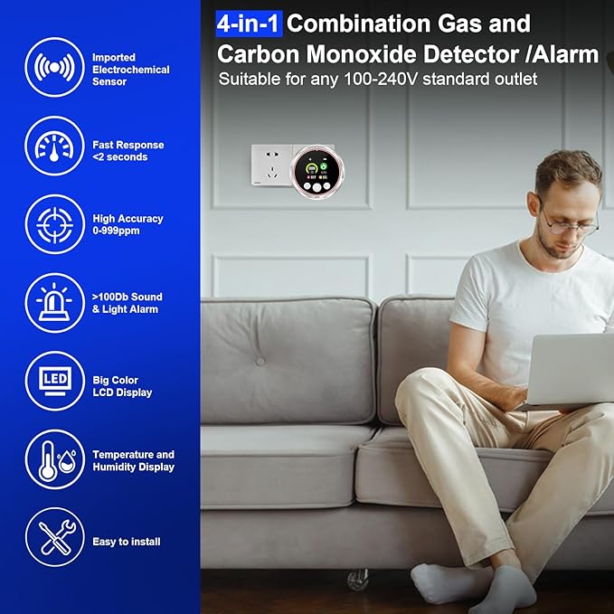 4 in 1 Carbon Monoxide Detector and Gas Detector, Dual Sensor Alarm Natural Gas - Image 2