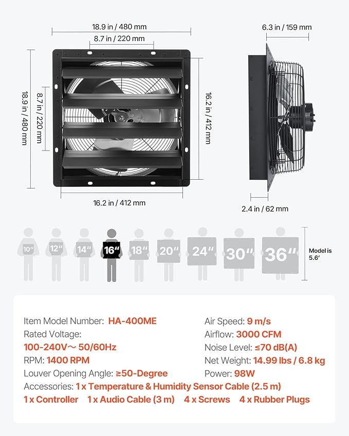 VEVOR 16 inch Exhaust Fan, Wall Mounted Attic Fan - Image 7