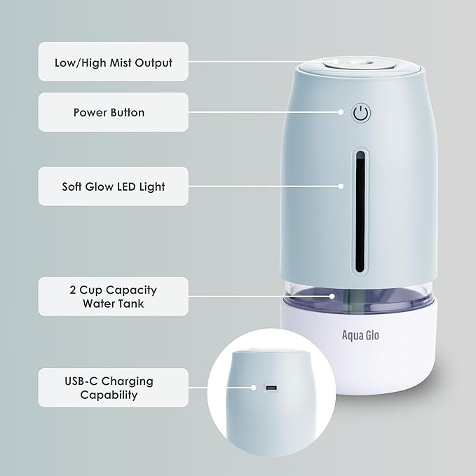 Aqua Glo Personal Humidifier – Ultrasonic Cool Mist, Rechargeable Battery - Image 3