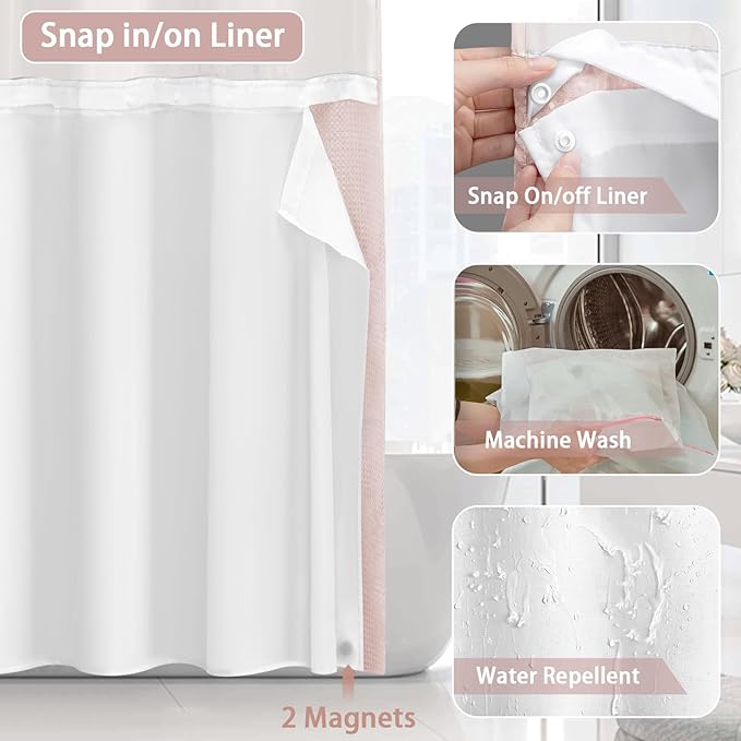 No Hook Shower Curtain and Liner Set, Blush Pink Hotel Waffle Shower Curtain - Image 4