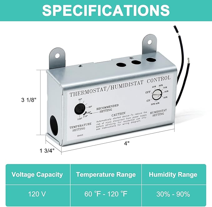 Attic Fan Thermostat and Humidistat, Adjustable Temperature and Humidity - Image 2