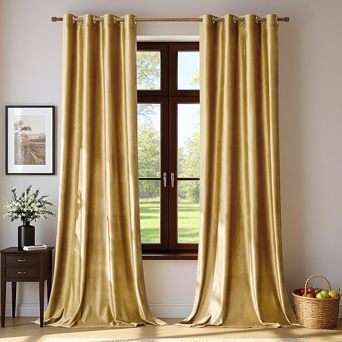 BULBUL Velvet Gold Curtains 72 inch Length- Living Room Blackout Thermal Window by ModernShinyVelvetCurtains