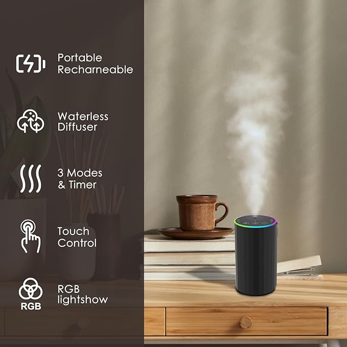 Waterless Essential Oil Diffuser, 7 Colors LED Light, Battery Powered Mini - Image 4