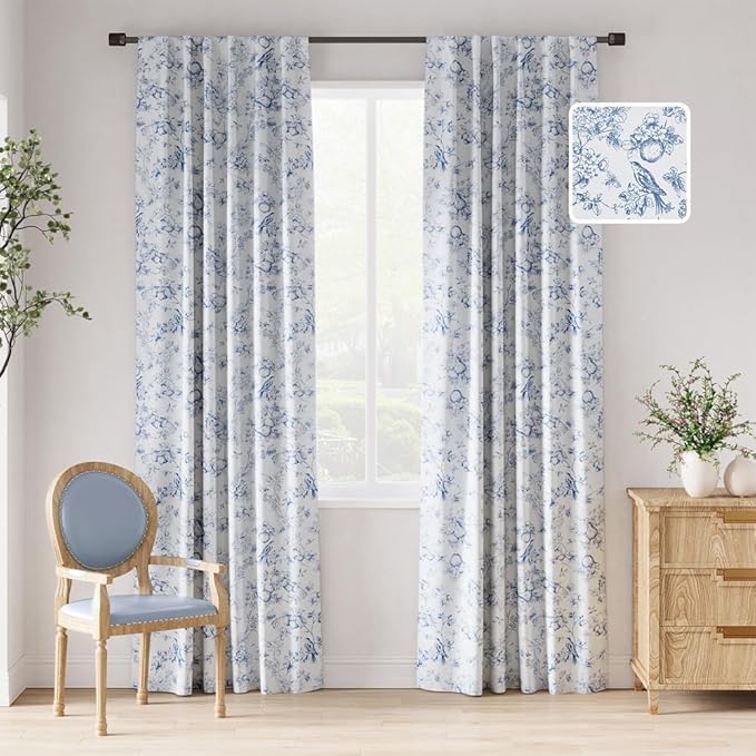 jinchan 95% Blackout Floral Curtains 90 Inch Length, Printed Flower Blue by JINCHAN
