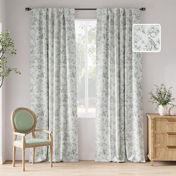 jinchan 95% Blackout Floral Curtains 96 Inches Long, Printed Flower Sage Green by JINCHAN