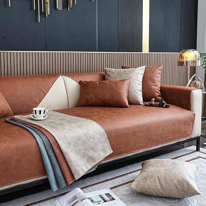 Faux Leather Waterproof Couch Sofa Cover Vintage PU Sectional Couch Cover Non - Image 5