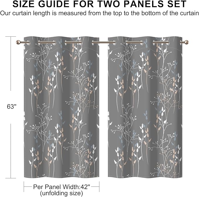 Gray-Blue Leaves Blackout Curtains 63 Inch Length, Room Darkening Curtains - Image 8