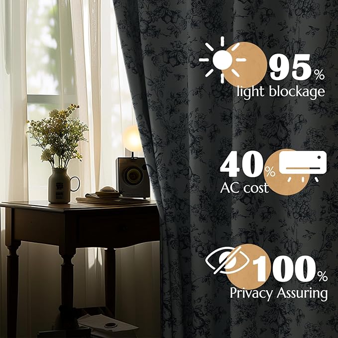 jinchan Pinch Pleated 95% Blackout Floral Curtains, Printed Flower Room - Image 2