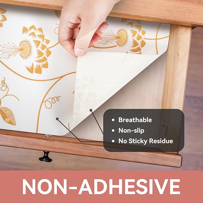 RAY STAR Shelf Liner, 18 Inch x 8 Feet Non Adhesive Golden Leaves Floral - Image 8