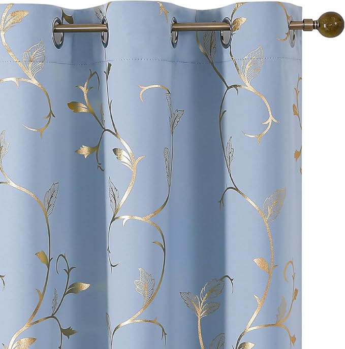 BUHUA Blackout Curtains Gold Foil Print Flower Vine Grommet Drapes, Room by BUHUA