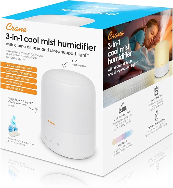 Crane Top Fill Mini Humidifier for Bedroom and Nursery 3-In-1 Essential Oil - Image 11