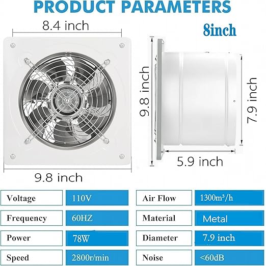 8 inch Exhaust Fan Wall Mounted Garage Ventilation Fan, 500CFM Metal Attic - Image 4