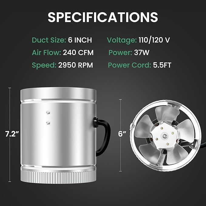 InfiniPower 6 Inch Inline Duct Fan 240 CFM, HVAC Booster Exhaust Ventilation Fan - Image 5