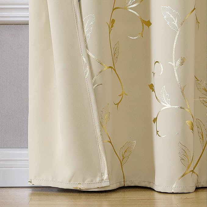 BUHUA Blackout Curtains Gold Foil Print Flower Vine Grommet Drapes, Room - Image 5
