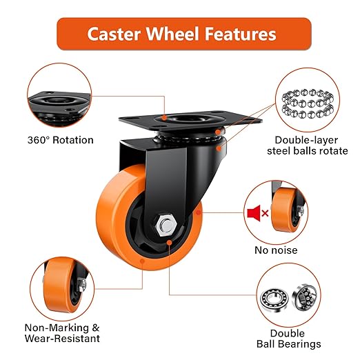 4" Swivel Plate Casters Set of 4 Heavy Duty 1200 lbs | Orange PU, Non-Marking - Image 3