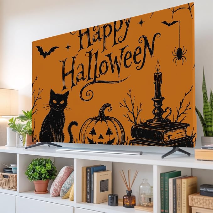 Halloween Black Cat Pumpkin Dead Trees Indoor TV Cover, Elastic TV Screen by Unknown
