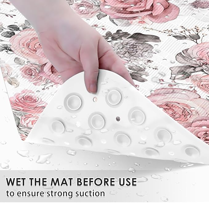 Pink Flower Leaves Bath Mat Non Slip, Floral Rose Spring 40 X 16 Inch Extra - Image 3