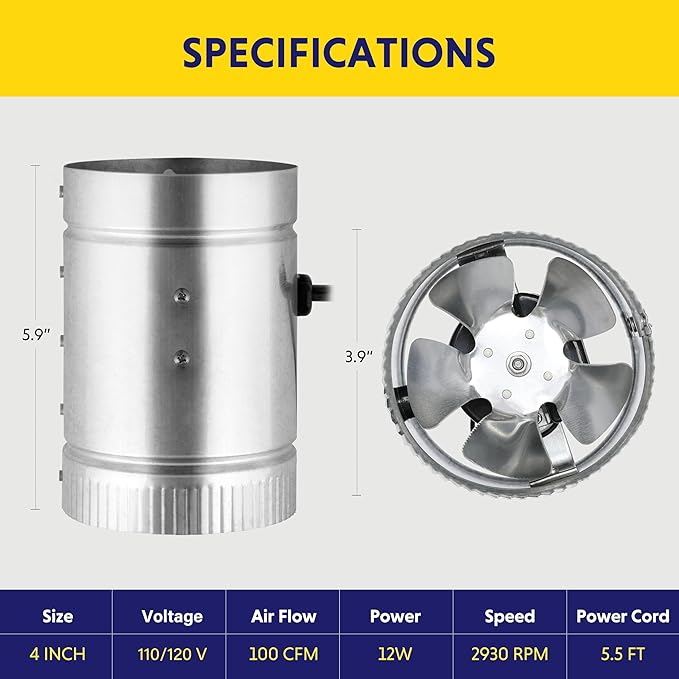 iPower 4 Inch Inline Duct Fan 100 CFM Booster Exhaust Fan - Image 5