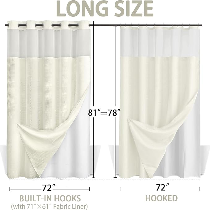 No Hook Shower Curtain and Liner Set, Cream Hotel Waffle Shower Curtain - Image 6