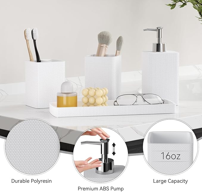 White Bathroom Set, Natural Loofah Sponge, Soap Dispenser, Toothbrush Holder - Image 3