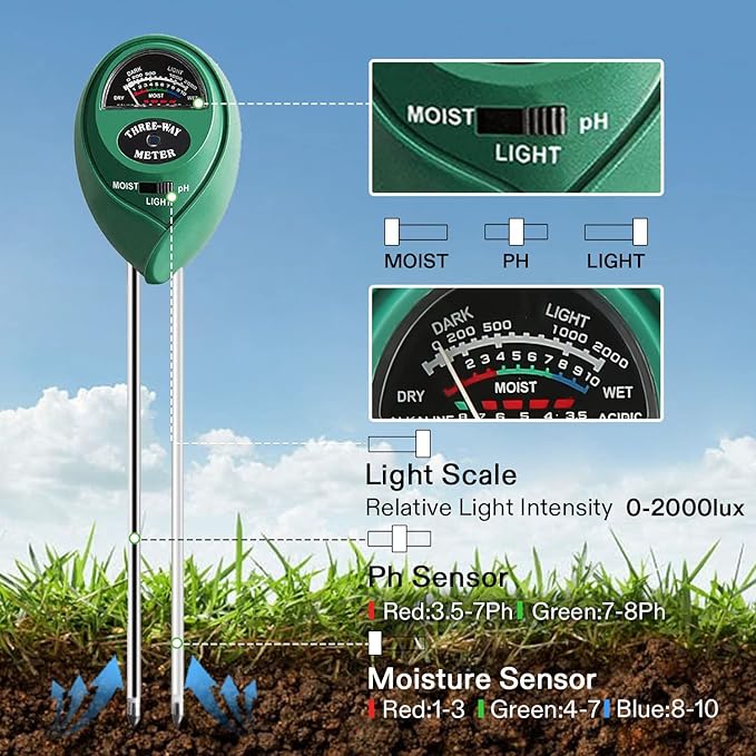 VIVOSUN Soil Tester, 3-in-1 Plant Moisture Meter Light and PH Tester - Image 2