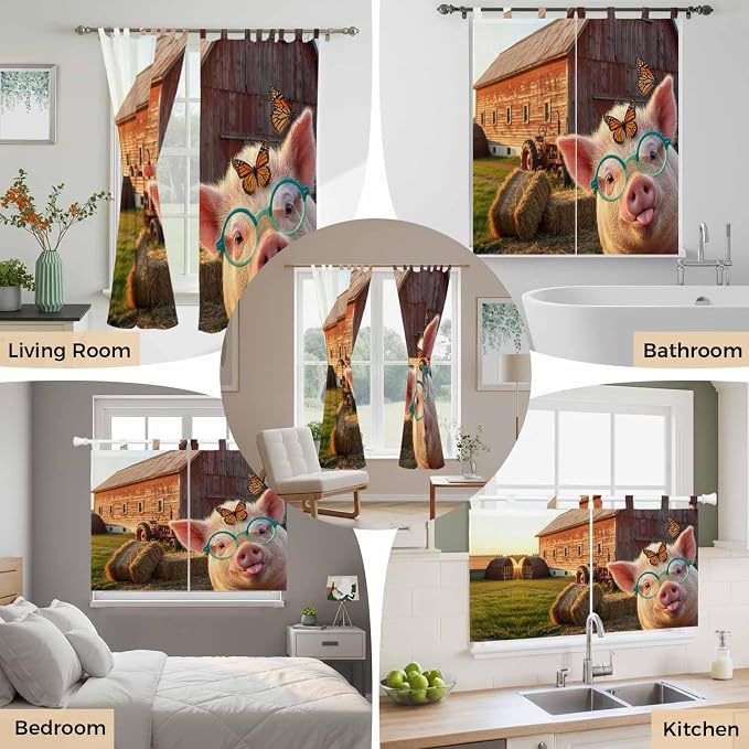 Farm Pig Bathroom Curtains 63 Inch Length, Window Curtains Tab Top, Farmhouse - Image 7