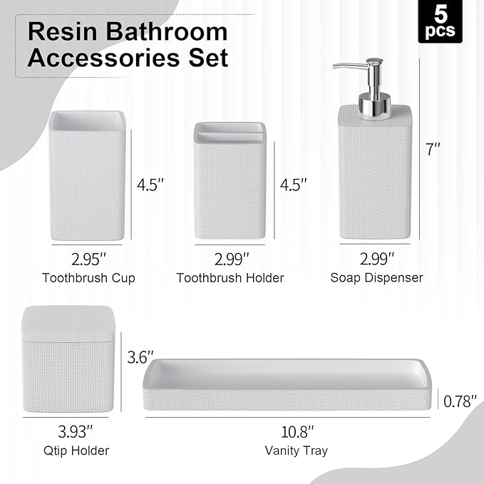 White Bathroom Accessories Set 5 Pieces, Resin Toothbrush Holders Set Complete - Image 7