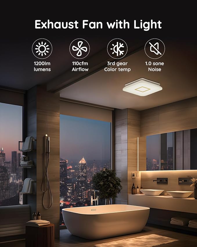 Fitop Bathroom Fan with Light, 110CFM 1.0 Sones 1200lm LED Light - Image 2